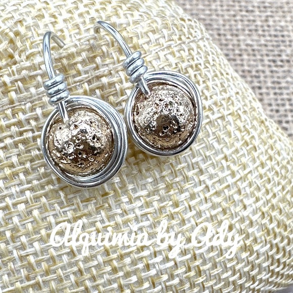 Alquimia Jewelry - Lava rock metallic silver dangle spheres drop earrings handmade jewelry
